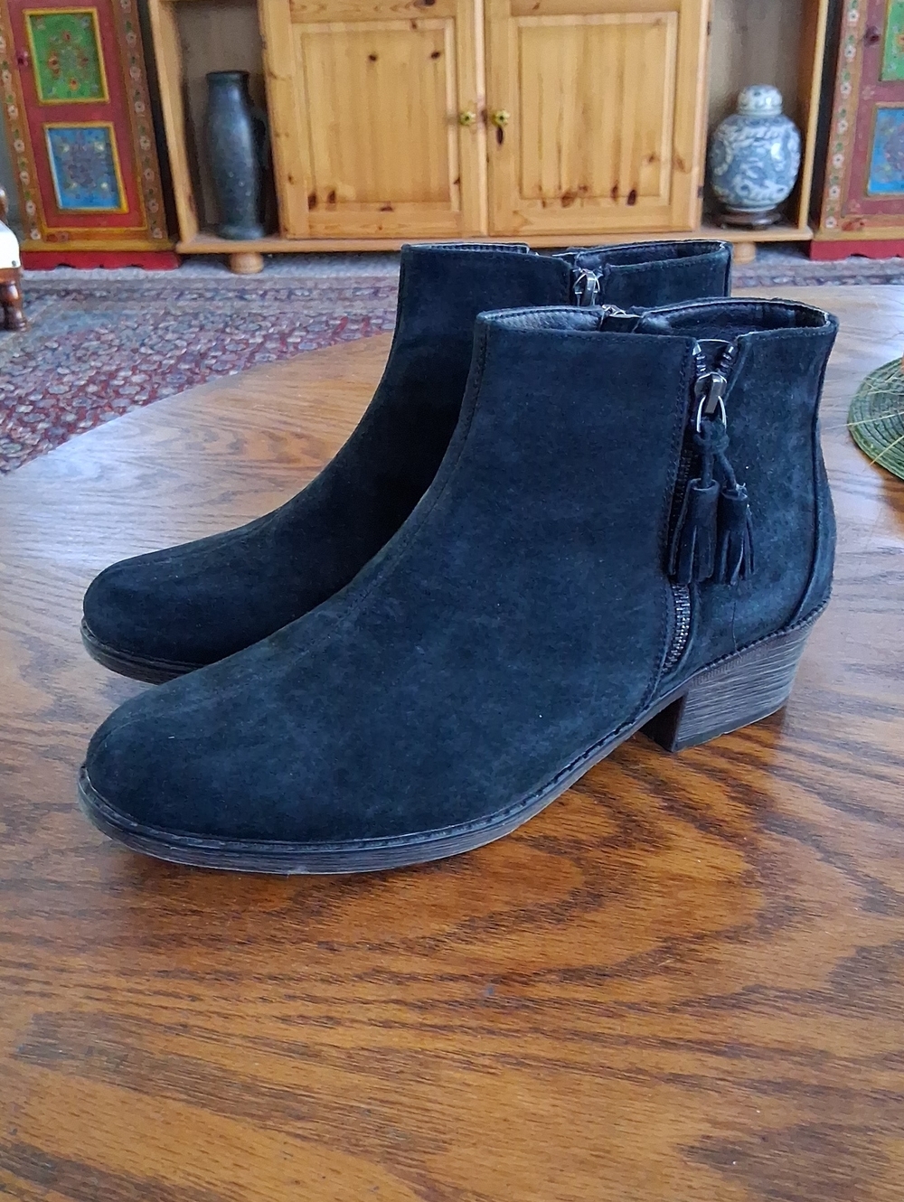 Propet Rebel Black Suede Boho Western Tassel Zip Ankle Boots Size 11